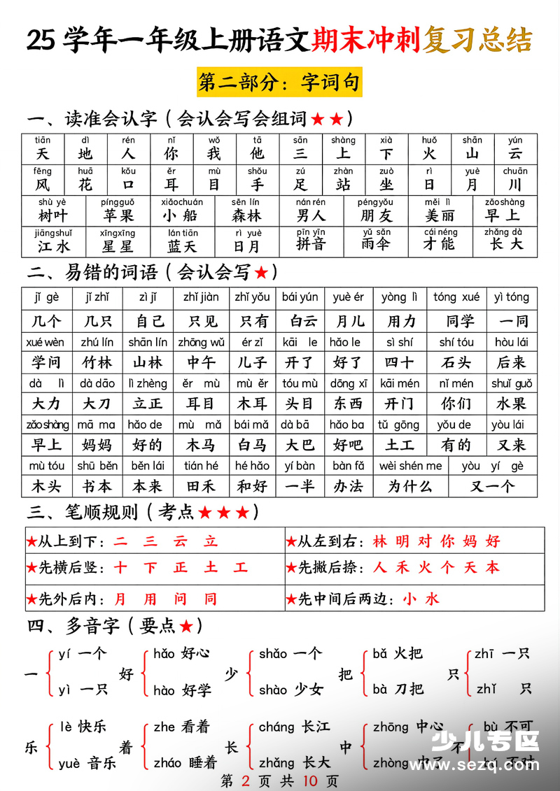 2025年一年级上册语文期末冲刺复习总结（含五大部分） - 文档资源第2张