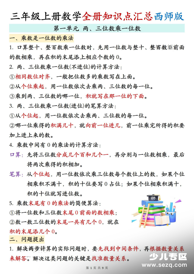 2025年三年级上册数学全册知识点汇总（西师大版） - 文档资源第1张