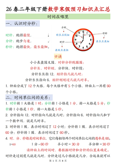 二年级下册数学寒假预习知识点汇总（人教版）（8页） - 少儿专区