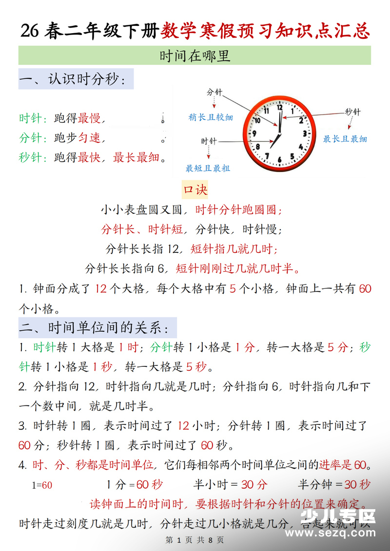 二年级下册数学寒假预习知识点汇总（人教版） - 文档资源第1张