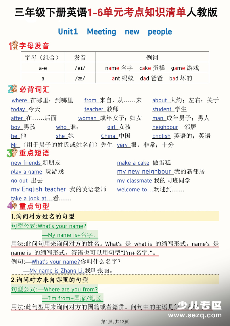 2026年三年级下册英语重点知识汇总 - 文档资源第1张