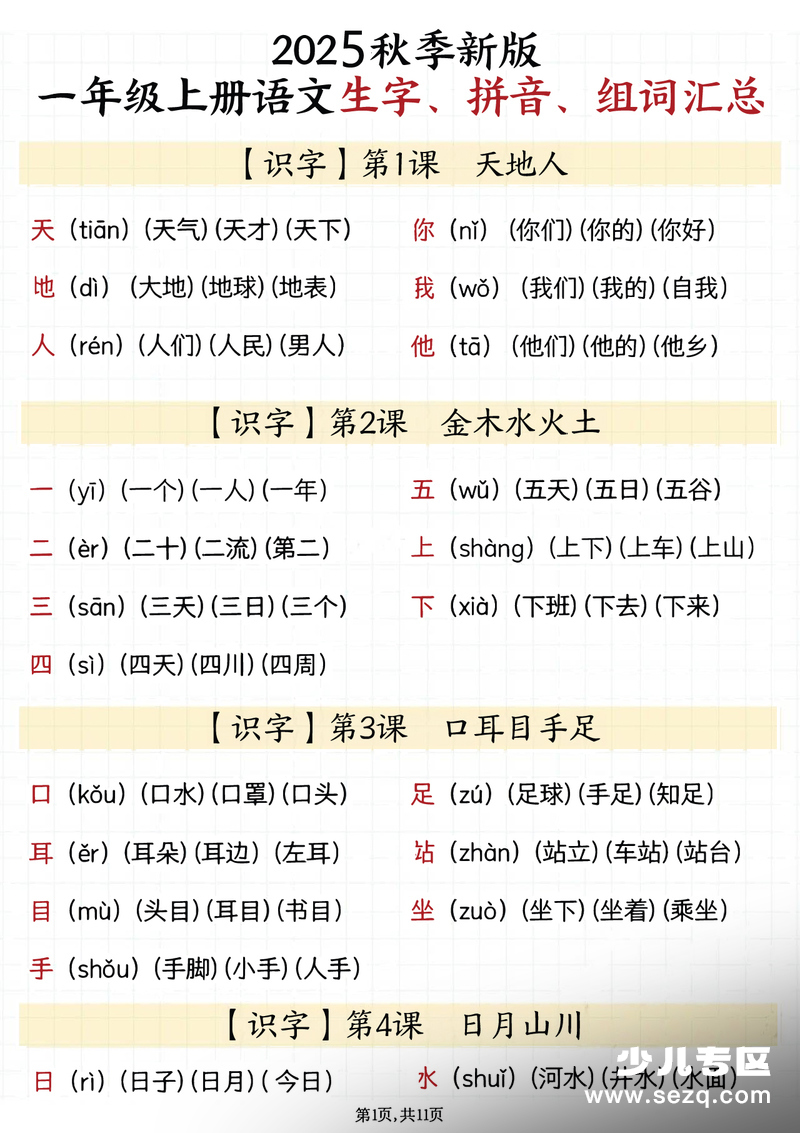 2025年秋季新版一年级上册语文生字拼音组词汇总 - 文档资源第1张