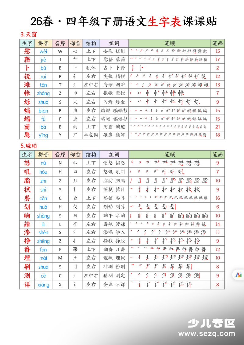 2026年春季四年级下册语文生字表课课贴 - 文档资源第2张