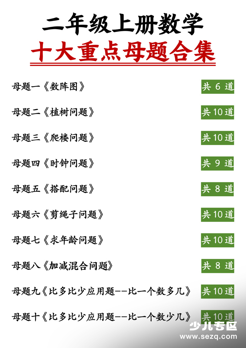 2025年二年级上册数学十大重点母题合集（含答案） - 文档资源第1张