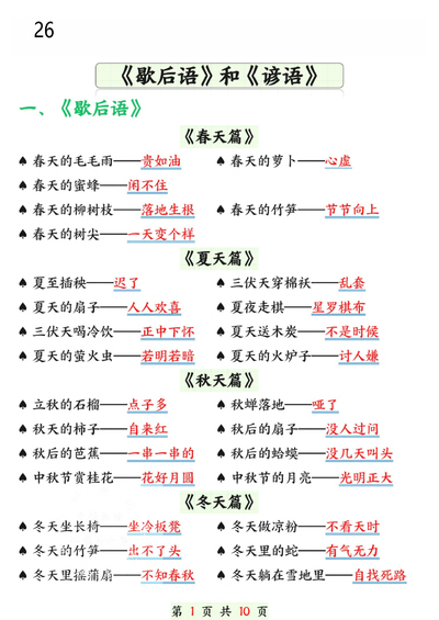 2026年春季一年级下册语文寒假预习晨读晚背歇后语和谚语（10页） - 少儿专区