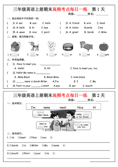 2025年三年级上册英语期末高频考点每日一练（人教PEP版）（11页） - 少儿专区