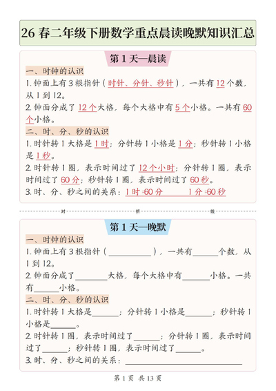 2026年新二年级下册数学重点晨读晚默知识汇总（人教版）（13页） - 少儿专区