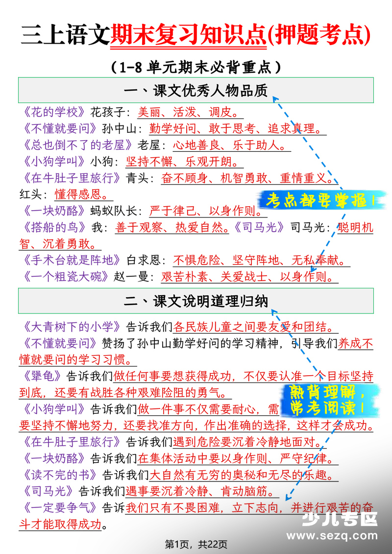 2025年三年级上册语文期末复习知识点（押题考点） - 文档资源第1张