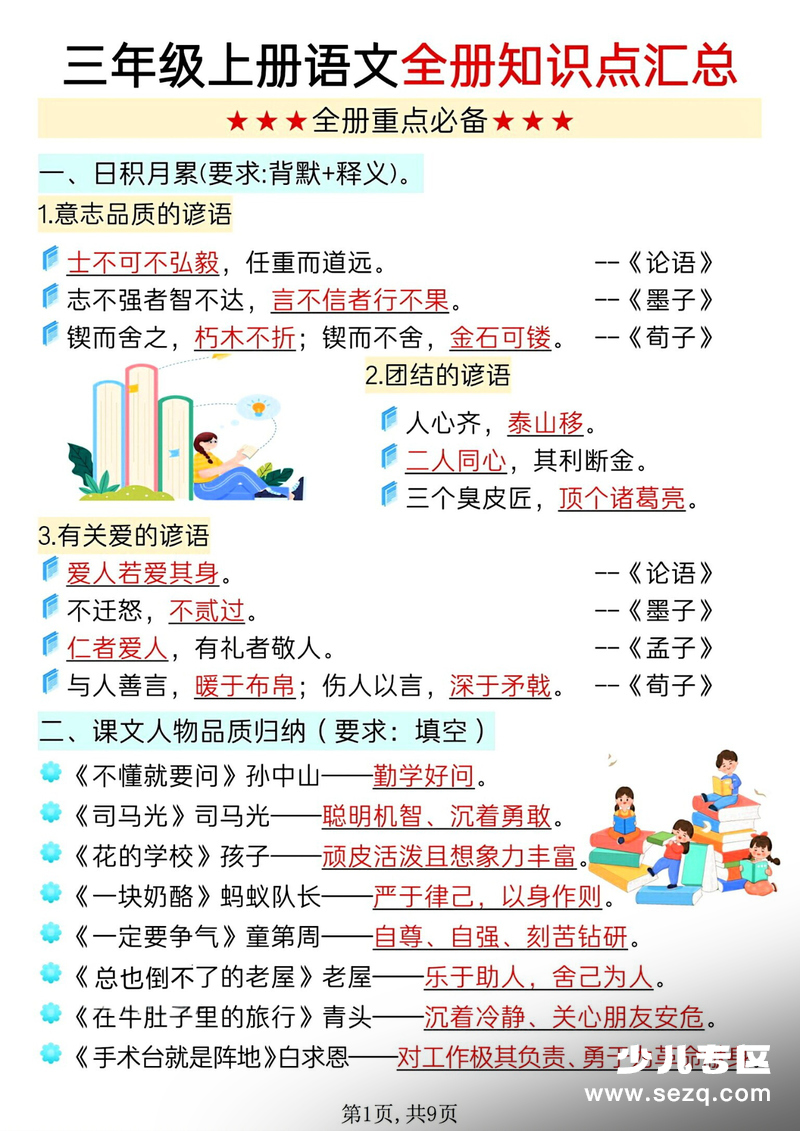 2025年新版三年级上册语文全册知识点汇总（全册重点必备） - 文档资源第1张