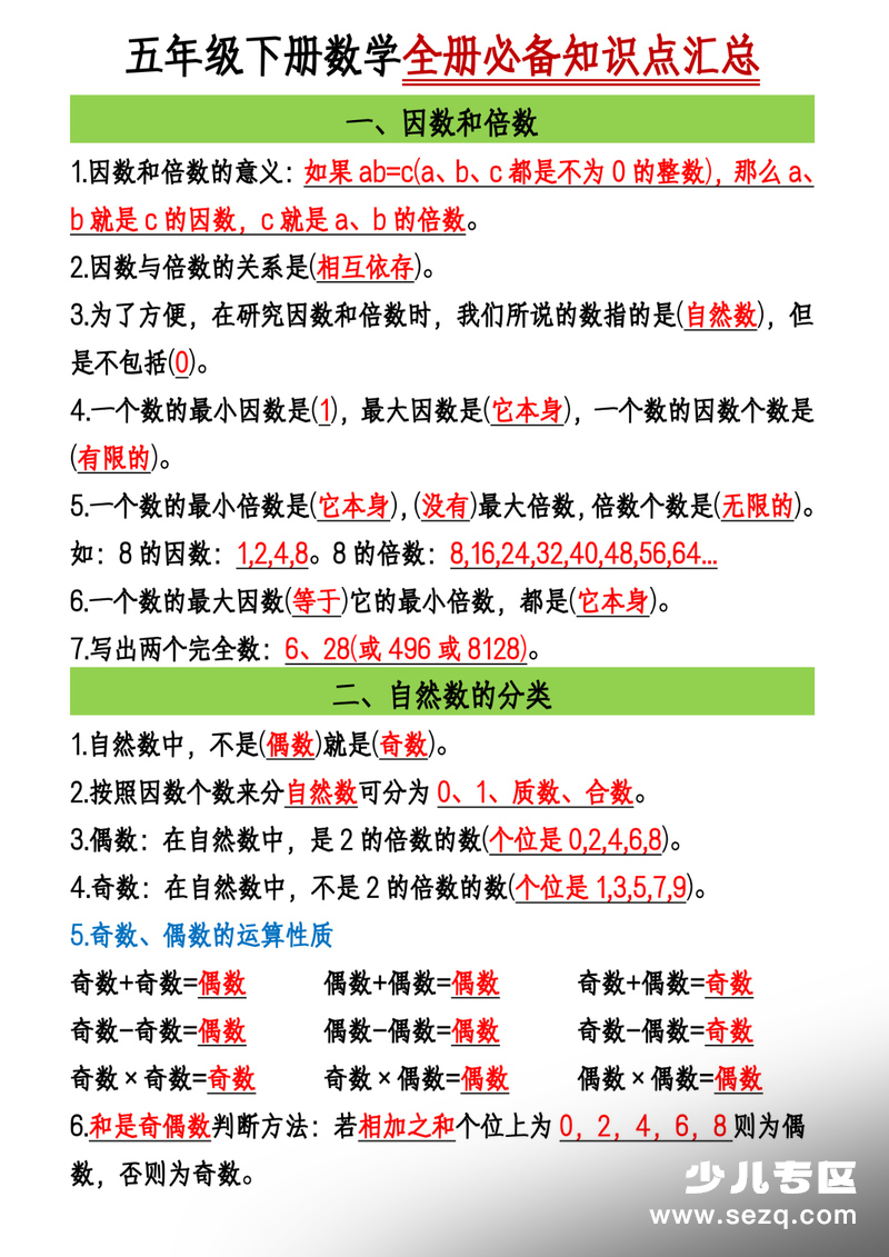 2026年五年级下册数学寒假知识汇总 - 文档资源第1张