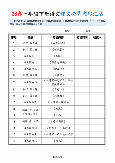 2026年一年级下册语文课文必背内容汇总（拼音版）（8页） - 少儿专区