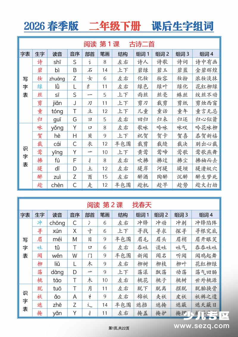 2026年春季版二年级下册语文课后三表生字组词 - 文档资源第1张