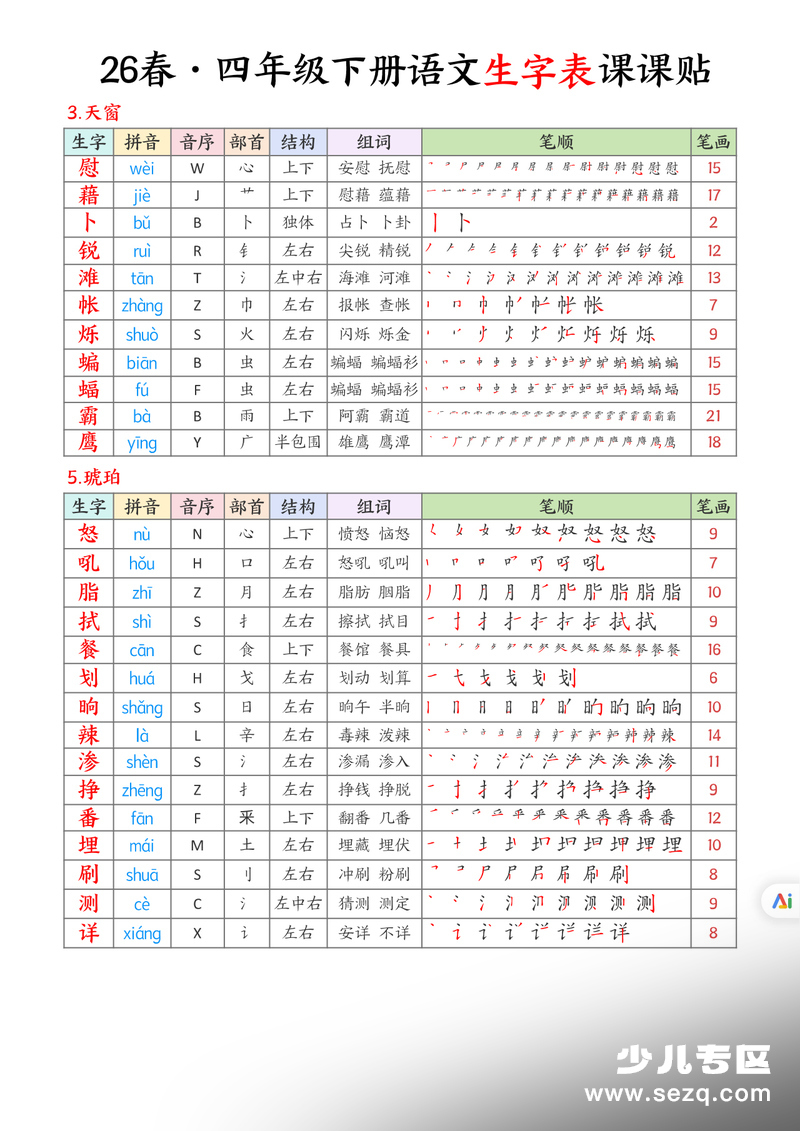 2026年春季四年级下册语文生字表课课贴 - 文档资源第2张