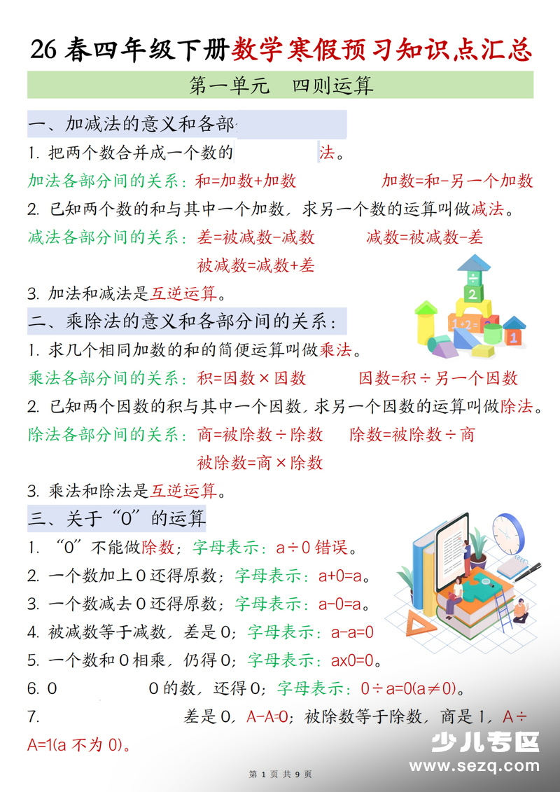2026年四年级下册数学寒假预习知识点汇总 - 文档资源第1张