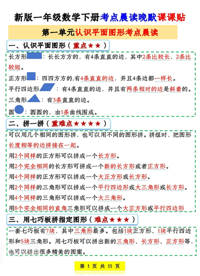 新版一年级下册数学考点晨读晚默课课贴（15页） - 少儿专区