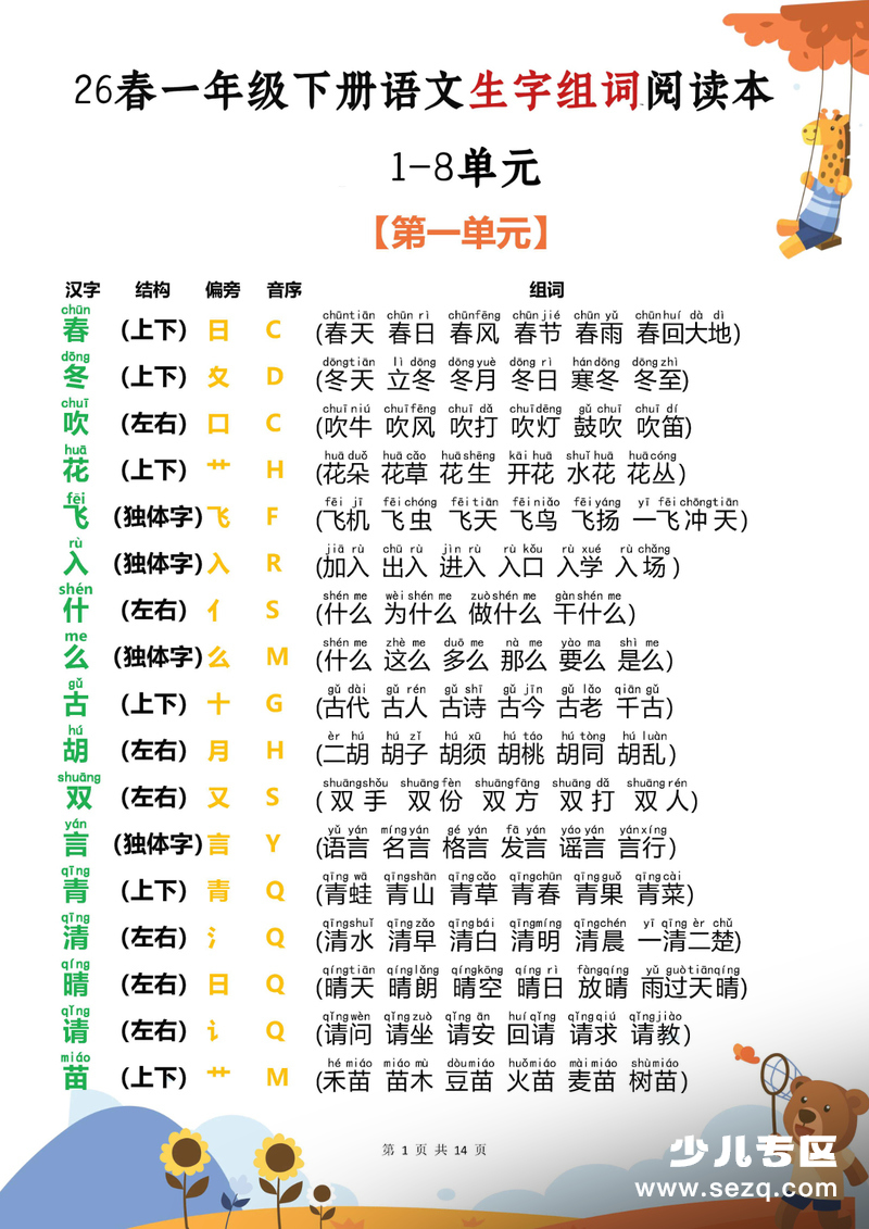 2026年春季一年级下册语文重点生字结构部首组词阅读本（1-8单元） - 文档资源第1张