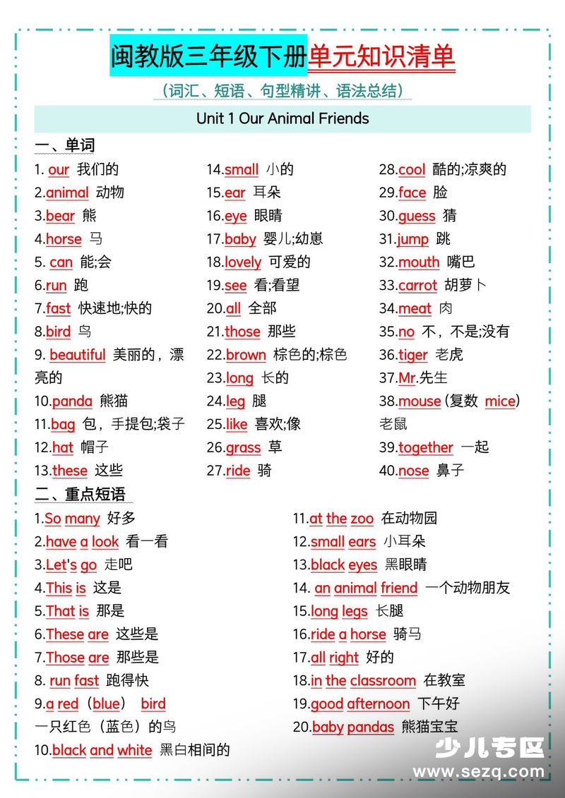三年级下册英语1-6单元知识清单 - 文档资源第1张