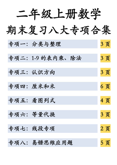 2026年春季二年级上册数学期末复习八大专项合集（37页） - 少儿专区