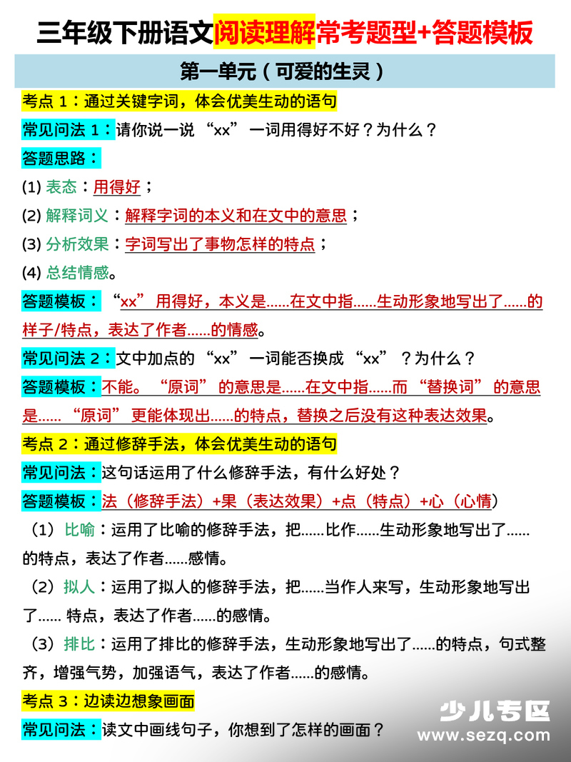 2026年三年级下册语文阅读理解常考题型+答题模板 - 文档资源第1张