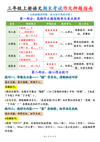 新版三年级上册语文期末考试作文押题写作指南（含范文）（47页） - 少儿专区