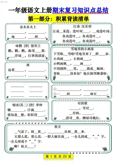 2025年新版一年级上册语文期末复习知识点总结（七大部分考点专项练习）（22页） - 少儿专区