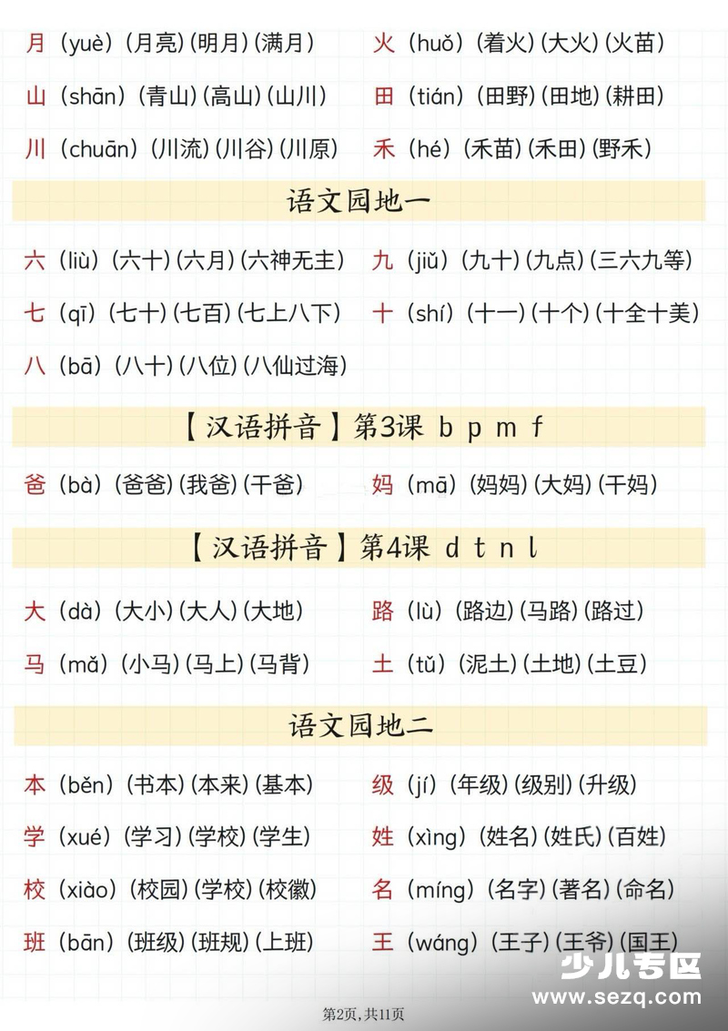 2025年秋季新版一年级上册语文生字拼音组词汇总 - 文档资源第2张