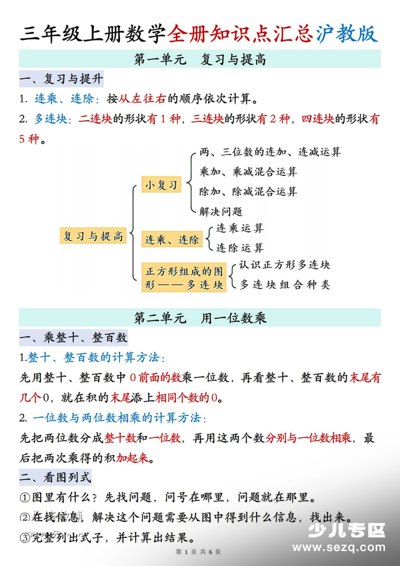 2025年秋季三年级上册数学期末复习全册知识点汇总（沪教版） - 文档资源第1张