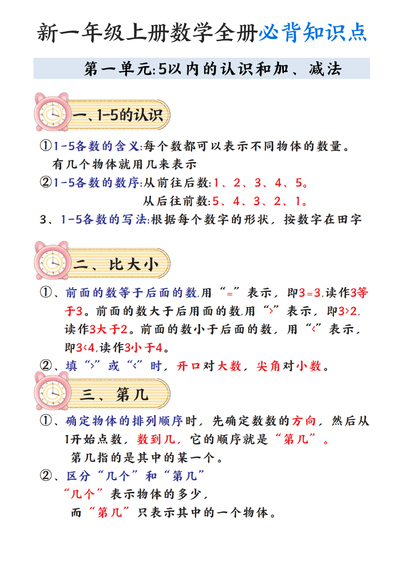 新一年级上册数学全册必背知识点笔记（8页） - 少儿专区