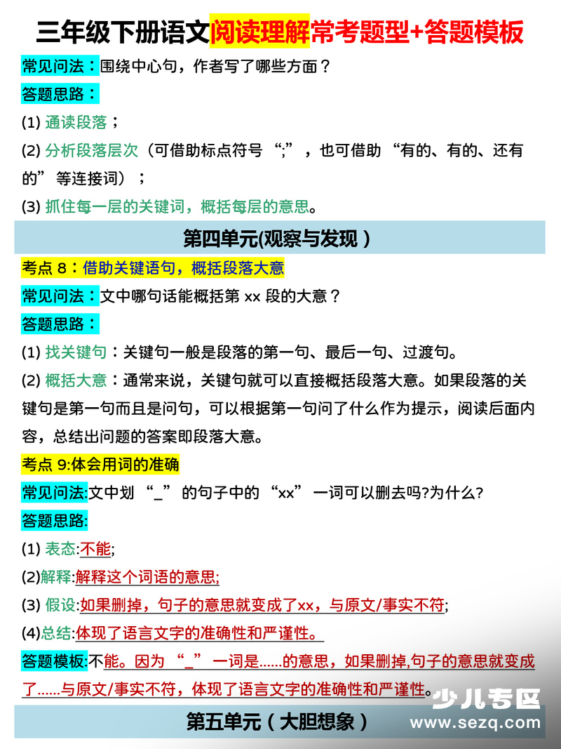 2026年三年级下册语文阅读理解常考题型+答题模板 - 文档资源第3张