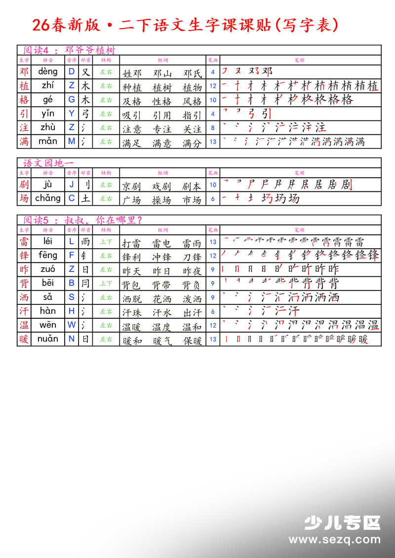 2026年春新版二年级下册语文生字课课贴（写字表） - 文档资源第2张