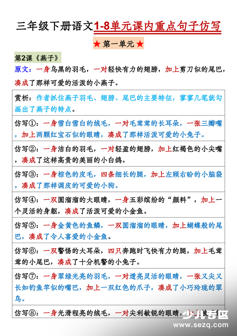 三年级下册语文课内重点句子仿写读背版 - 文档资源第1张