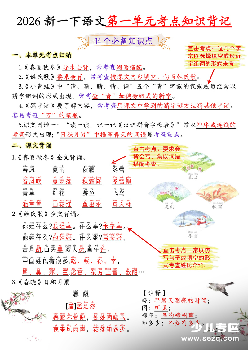 2026年一年级下册语文全册1-8单元考点知识背记重点 - 文档资源第1张