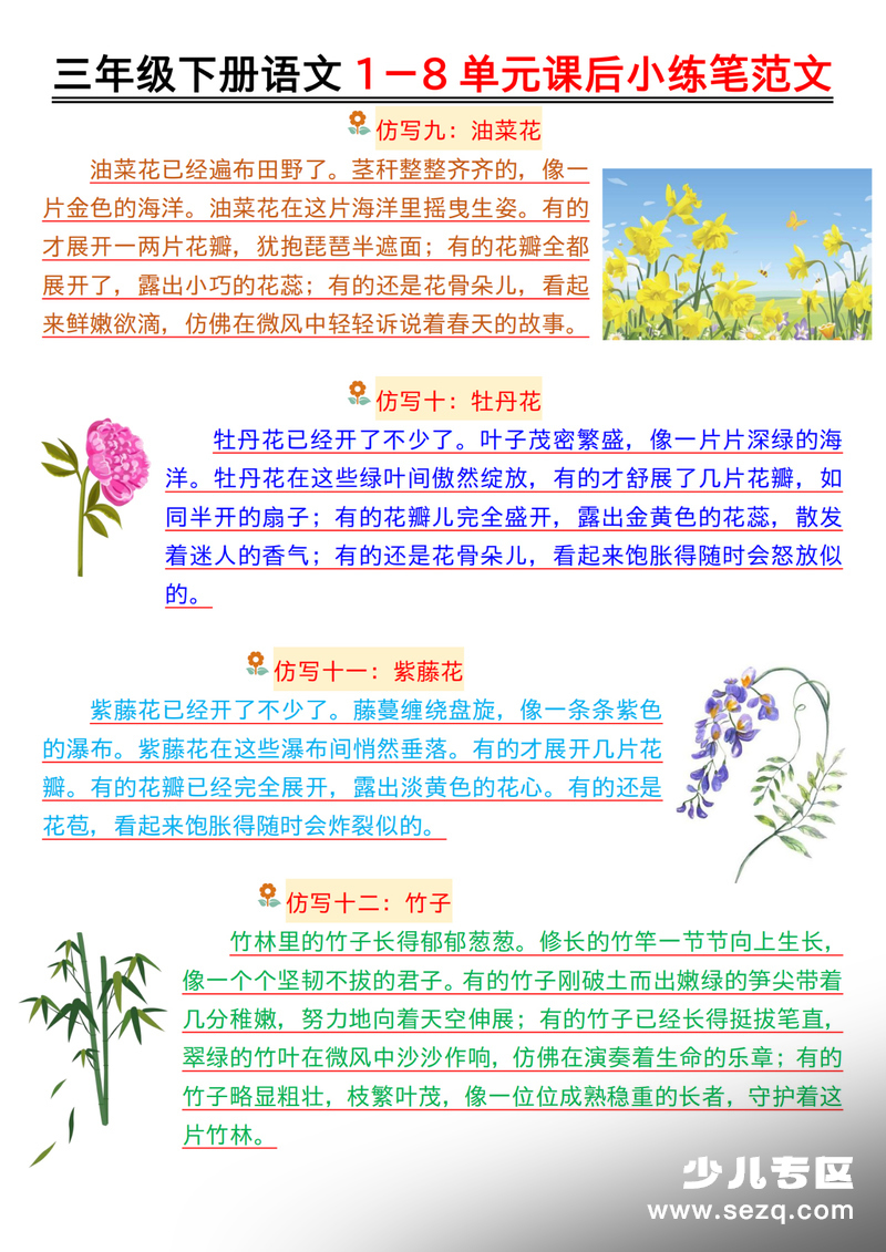 三年级下册语文1-8单元课后小练笔范文 - 文档资源第3张