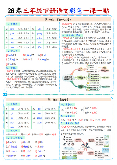 新版三年级下册语文重点知识课课贴（含思维导图版）（17页） - 少儿专区