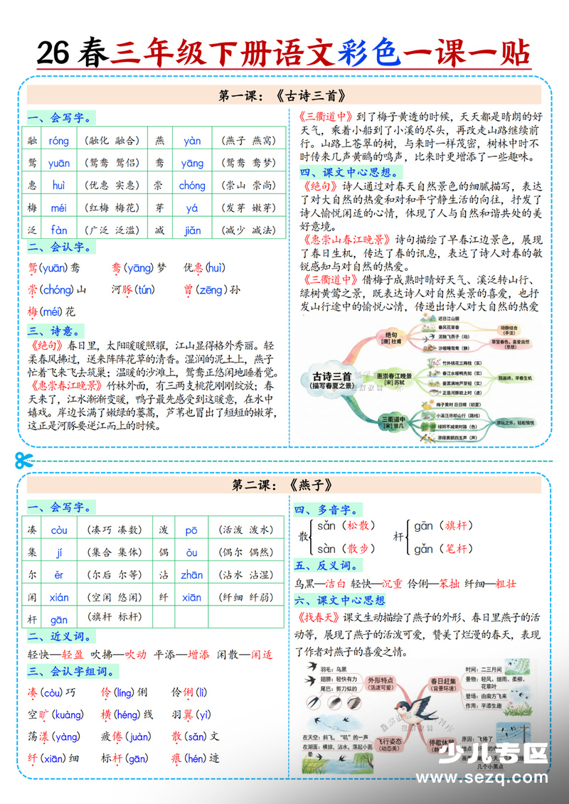 新版三年级下册语文重点知识课课贴（含思维导图版） - 文档资源第1张