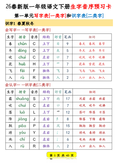 2026年新版一年级下册语文生字音序预习卡（含3个组词）（43页） - 少儿专区