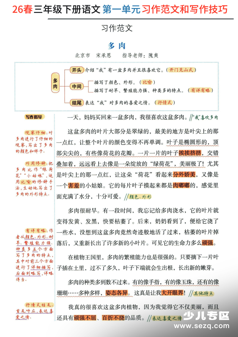 2026年三年级下册语文习作范文及技巧点拨（1-8单元） - 文档资源第2张
