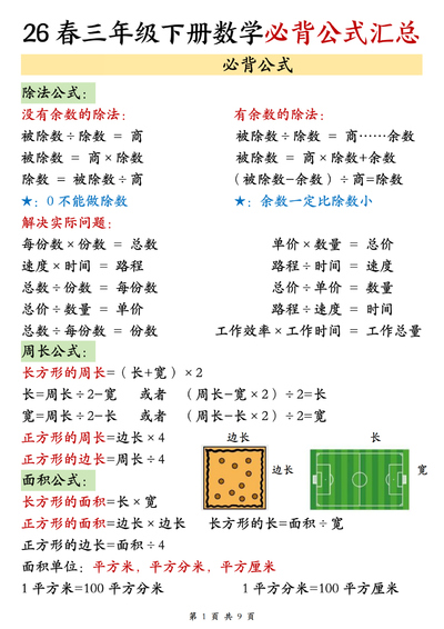 2026年三年级下册数学必背公式汇总（9页） - 少儿专区