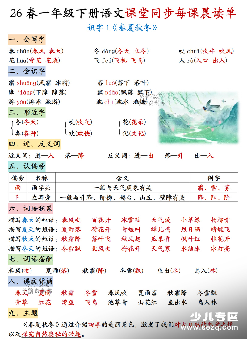 2026年春季一年级下册语文1-4单元课堂同步每课晨读单 - 文档资源第1张