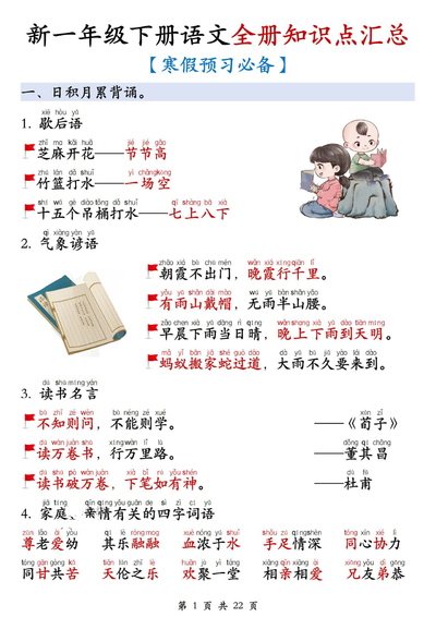 2026年春季一年级下册语文全册预习必背知识点汇总(22页) - 少儿专区