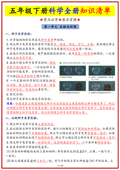 五年级下册科学全册知识清单（21页） - 少儿专区