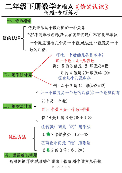 二年级下册数学倍的认识例题+专项练习（含答案）（14页） - 少儿专区