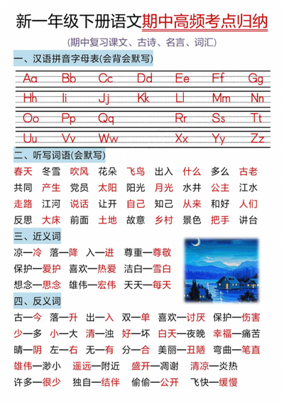 2026年一年级下册语文期中高频考点归纳（7页） - 少儿专区