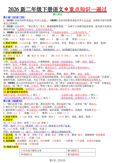 2026年二年级下册语文1-8单元重点知识一遍过（20页） - 少儿专区