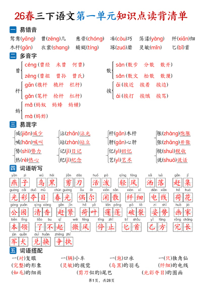 2026年新版三年级下册语文1-8单元知识点读背清单（28页） - 少儿专区