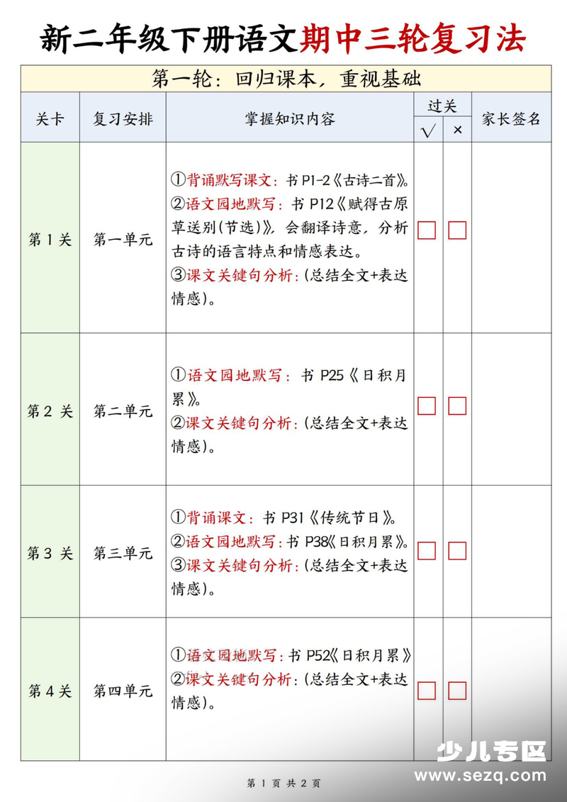 2026年二年级下册语文期中三轮复习法 - 文档资源第1张