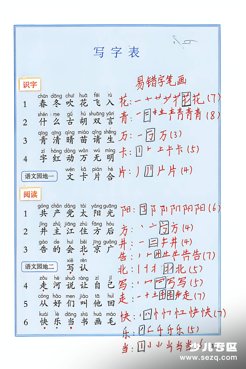 2026年一年级下册语文写字表易错笔顺 - 文档资源第1张