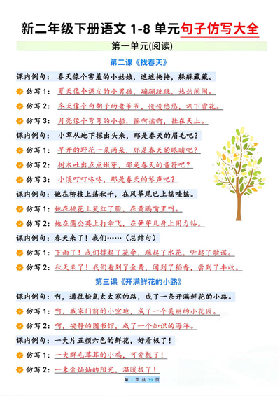 2026年二年级下册语文全册重点句子仿写大全（含空白练习）（39页） - 少儿专区