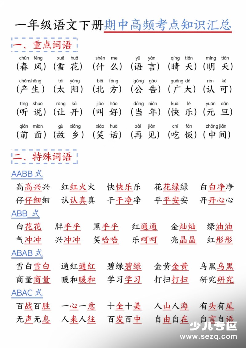 2026年一年级下册语文期中高频考点知识汇总 - 文档资源第1张