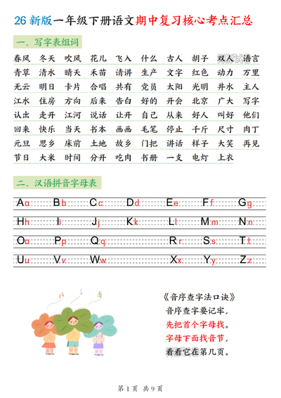 2026年一年级下册语文期中复习核心考点汇总（9页） - 少儿专区